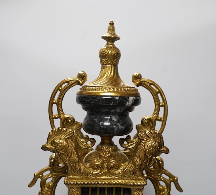 A bronze and marble three piece garniture, key, no pendulum, 69cm. Condition - good, not tested as working